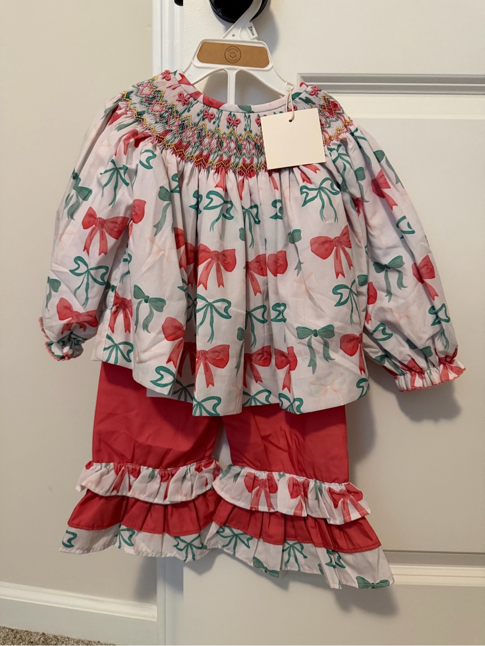 Girls Red & Green Bow-Print Two-Piece Set with Smocked Yoke- BUSY BEE SMOCKS!